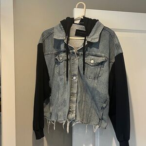 AllSaints Light Blue Denim Jacket with Black Hooded Sleeves